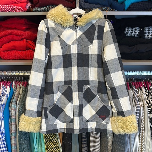 Roxy gray/white gingham faux fur hooded 2 pocket jacket size S - Picture 1 of 3